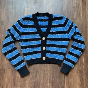 Cider Blue Black Striped Cropped Cardigan Gold Buttons Women’s Medium